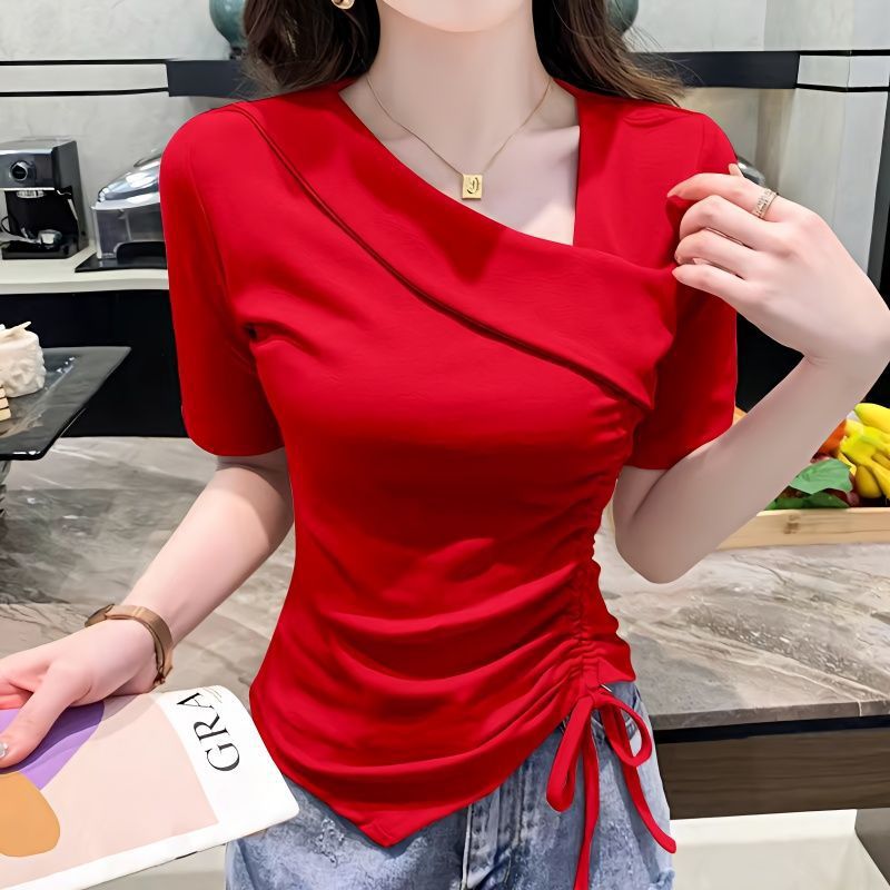 Nuevo diseño irregular con cordón SLIM-Fit Top corto ins Camiseta de manga corta con cuello en V puro y elegante para mujer verano