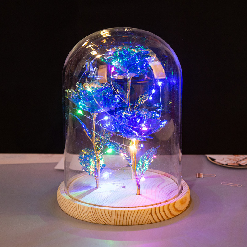 三朵彩色金箔玫瑰花玻璃罩 创意母亲节礼物LED发光小礼品外贸厂家