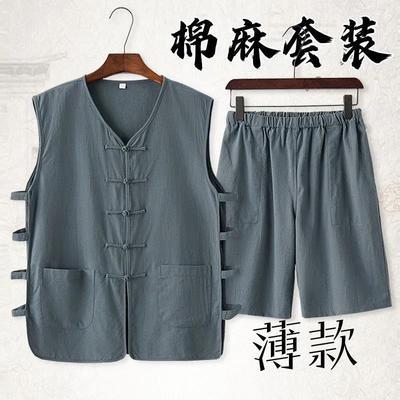 Ethnic clothing, summer sleeveless vest, shorts, thin tank top, Tang suit, mandarin jacket, men's Chinese style two-piece suit