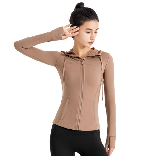 New yoga wear women's jacket nude slim long-sleeved turtleneck hooded sweatshirt zipper quick-drying fitness sports top
