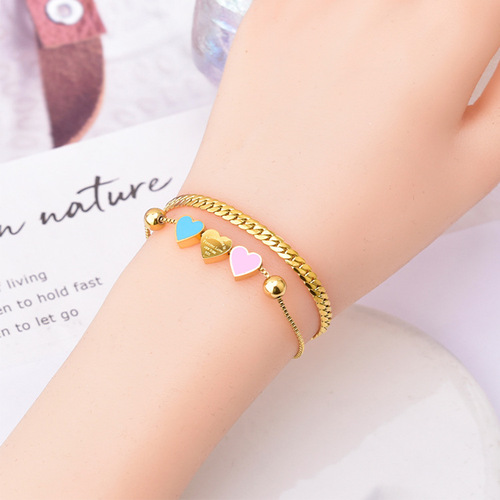 Titanium steel trendy three-pink blue love necklace double-layer snake bone chain peach heart bracelet three-dimensional geometric hand jewelry