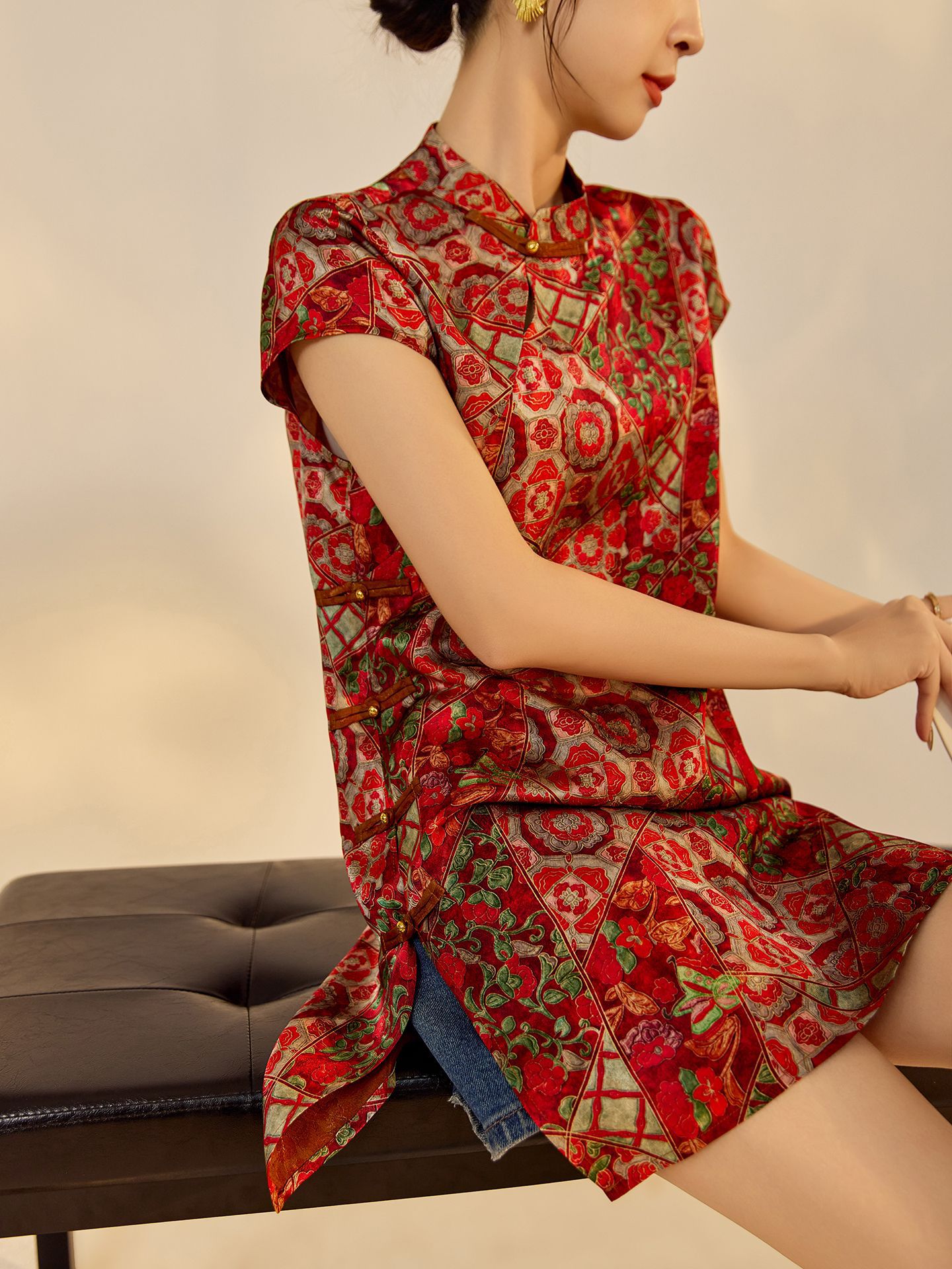 Đầm suông midi chữ A vải rayon thêu hoa cách tân cổ điển Trung Quốc — Màu đỏ san hô, Màu caramel