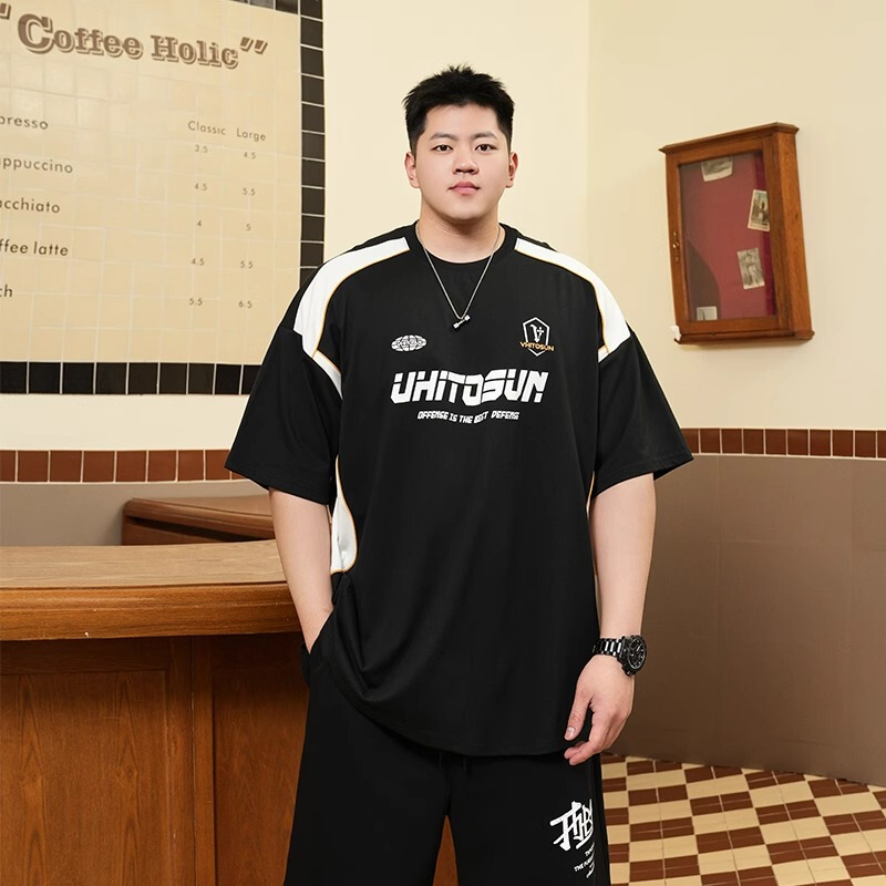 Trendy Plus-Size Men's Summer Cool Quick-Dry Short-Sleeve T-Shirt for Men, Loose Fit, Oversized Spliced Half-Sleeve Trendy Plus-Size Men's Summer Cool Quick-Dry Short-Sleeve T-Shirt for Men, Loose Fit, Oversized Spliced Half-Sleeve