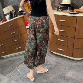 CD727复古印花休闲裤女夏薄款小个子梨型身材高腰垂感八分阔腿裤