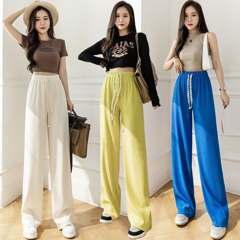 Sandy Leaf Wide-leg Pants Women's Drawstring Ice Silk Pleated Autumn and Winter New High Waist Straight Pants Loose Slimming Casual Pants