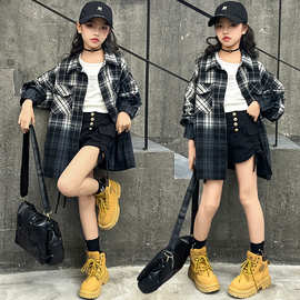 女童春装格子衬衫外套2025新款韩版宽松儿童洋气渐变上衣衬衣批发