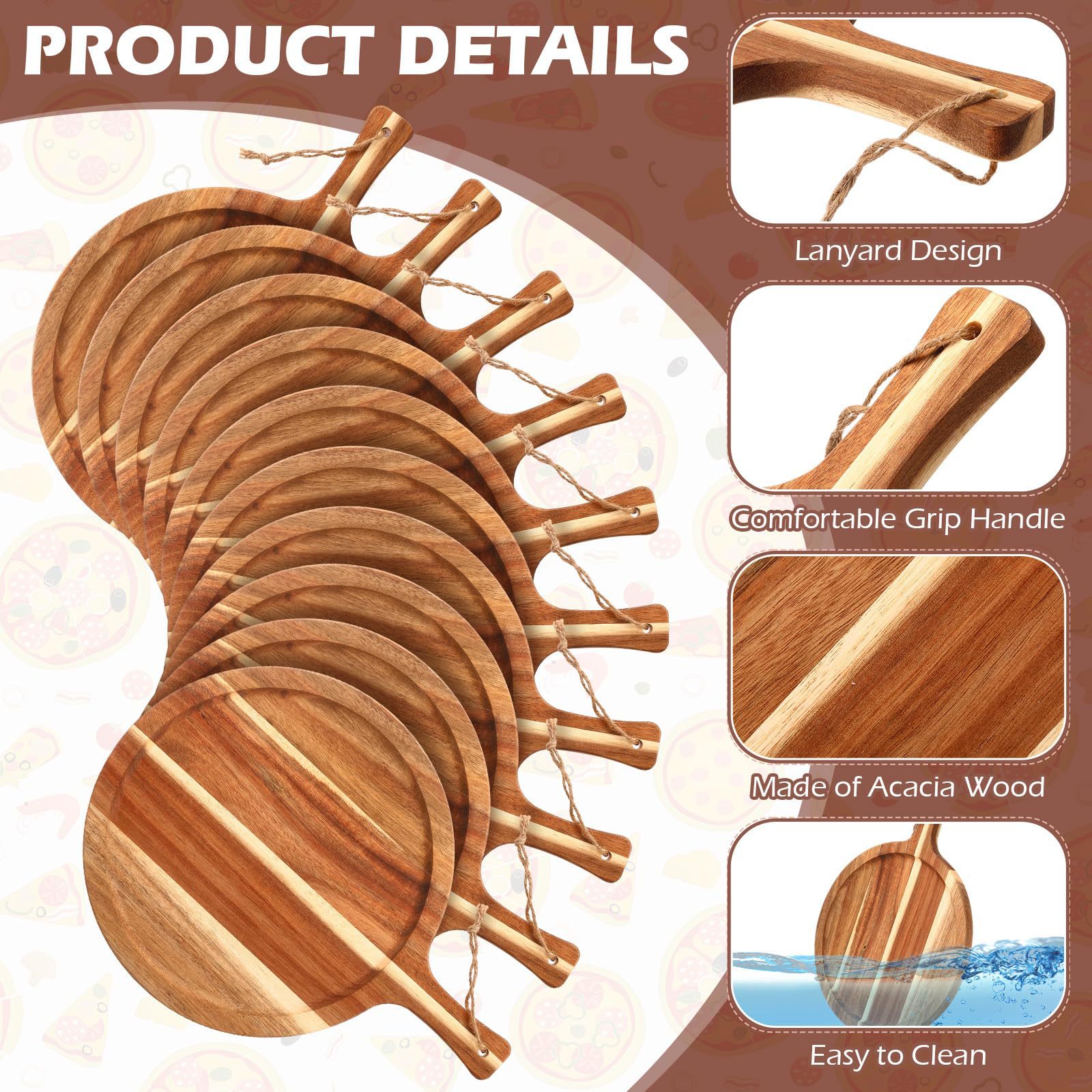 12 piezas de madera de acacia tabla de cortar redonda tabla de cortar con mango tabla de cortar de madera tabla de cortar de cocina bandeja de pizza tabla de paletas de madera