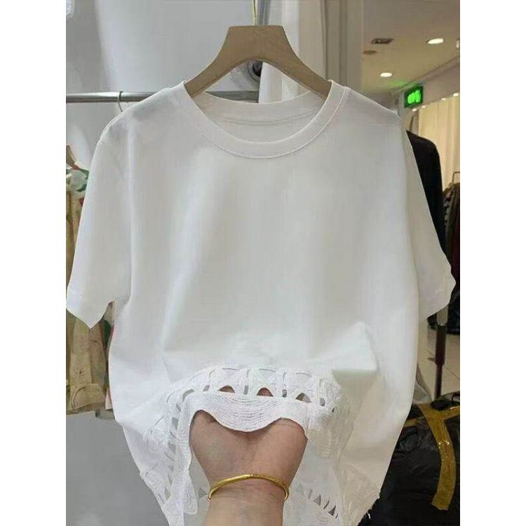 2026 New Style Short-Sleeve T-Shirt, Plus-Size Hollow-Out Lace Patchwork, Loose Fit, Slimming Design, Unique Top, Trendy 2026 New Style Short-Sleeve T-Shirt, Plus-Size Hollow-Out Lace Patchwork, Loose Fit, Slimming Design, Unique Top, Trendy