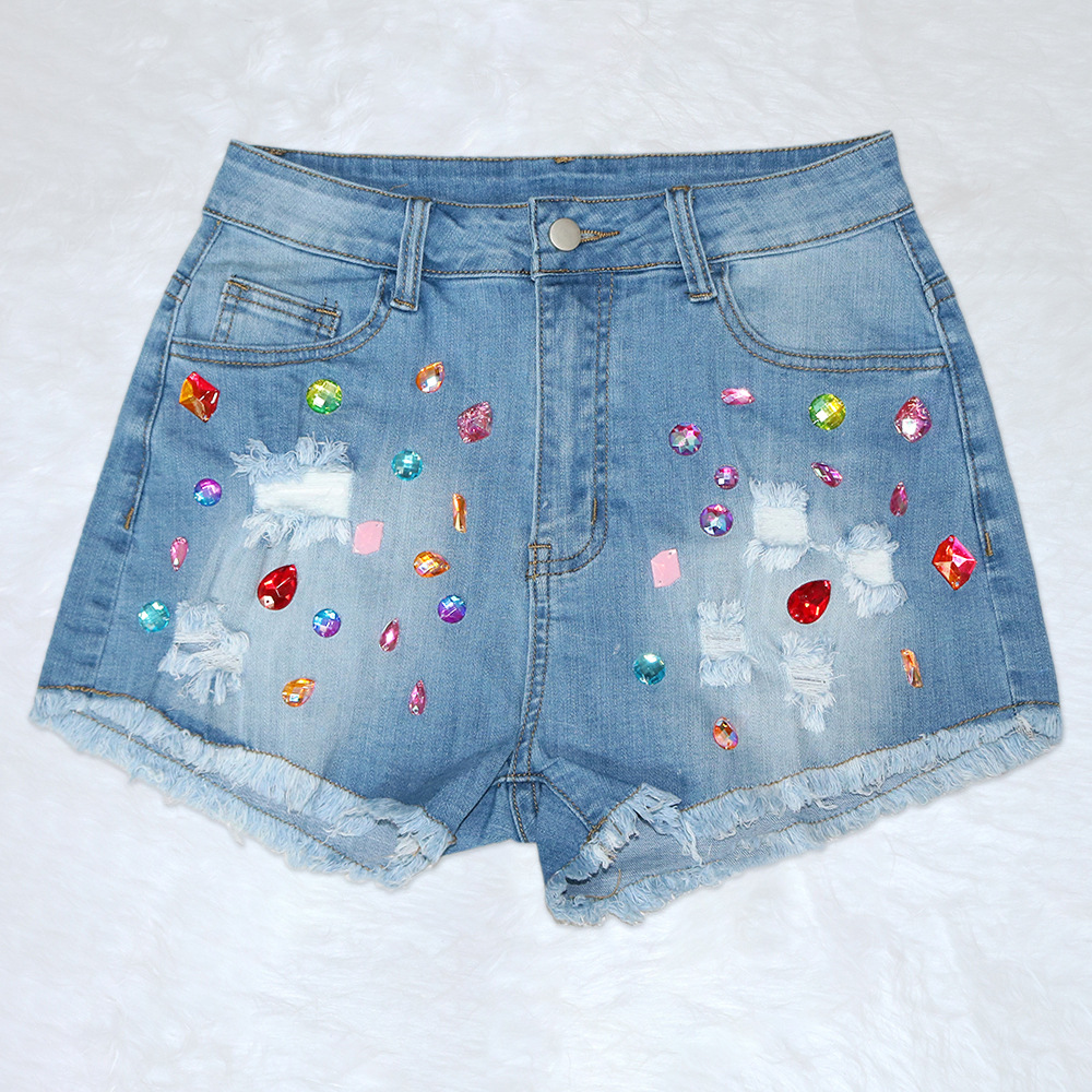 ripped raw edge slim color diamond denim shorts NSFH134169