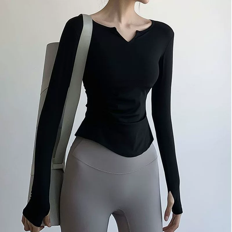 Йога-одежда, приталенная с long sleeves, дышащая быстро сохнущая спортивная футболка для йоги/тренажёрного зала, V-образный вырез, для бега