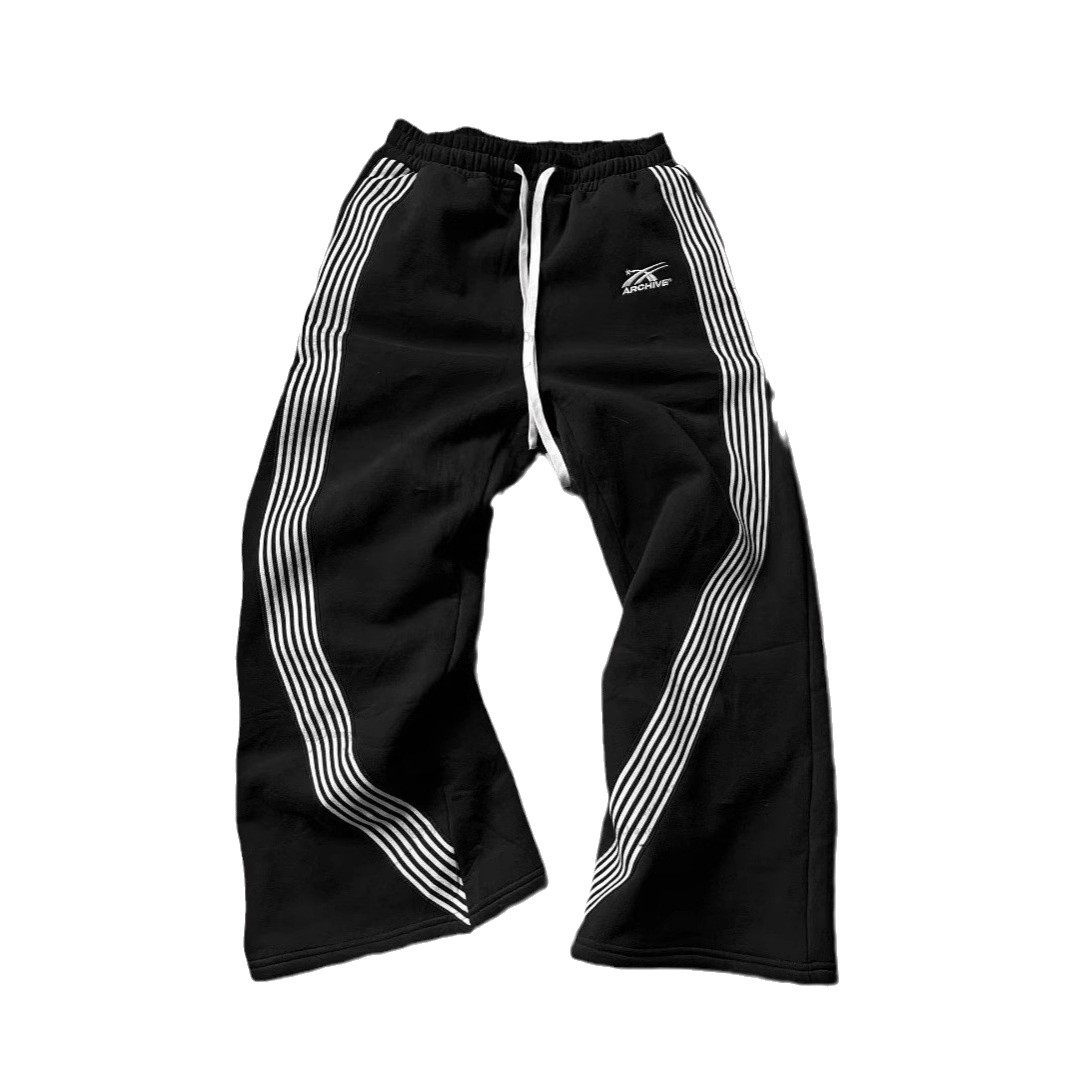 Men's & Women's Vintage Y2K Retro Side Stripe Jogger Pants - High Waist Loose Fit Casual Sweatpants With Fleece Embroidery (Black/Gray Stripe,)_voghion.com
