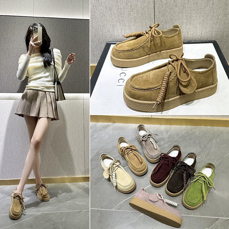 Мужские и женские туфли-кенгуру на толстой платформе в парном стиле, новинка 2025 года, лоферы на шнуровке с круглым носком, универсальные маленькие кожаные туфли в британском стиле