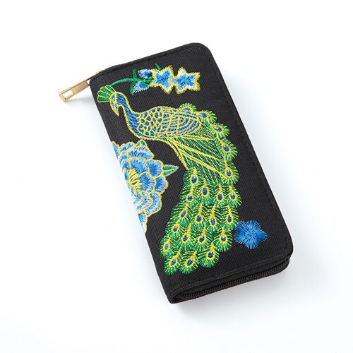Ladies Single Strap Handbag with Ethnic Style, Embroidered Peacock Design, Multi-Card Slot Wallet, Tourist Souvenir