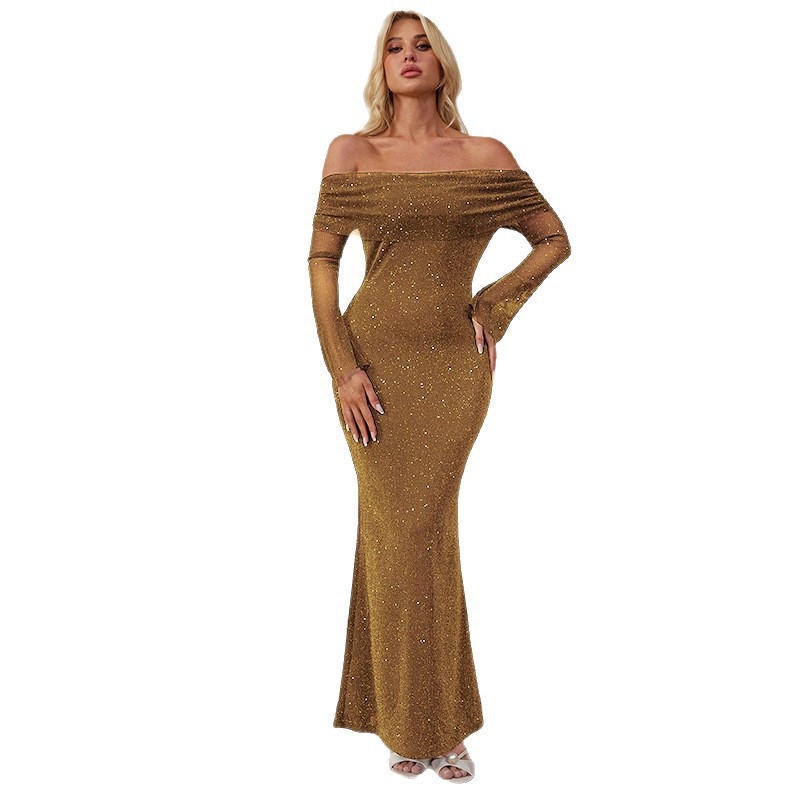 2025 comercio exterior Europa y América ropa de mujer invierno nueva línea de malla de hombro seda plateada brillante cintura sexy vestido de cadera