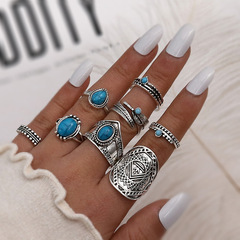 Alibaba.com Best Selling Accessories Cross-border Fashion Bohemian Turquoise Leaf Totem 8-Piece Ring Set for Women