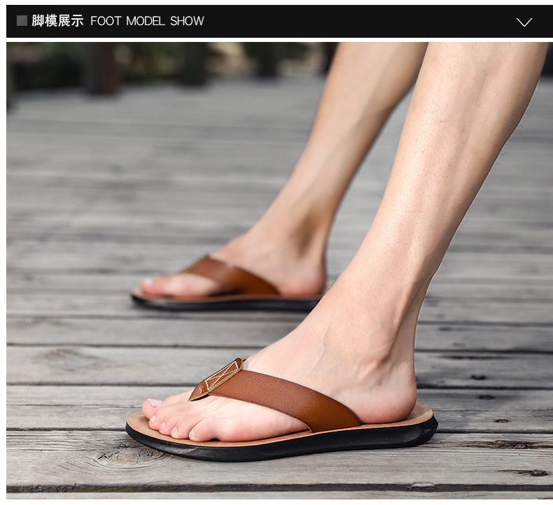 Dép lê nam quai ngang xỏ ngón chống trơn trượt, dép da đi biển cỡ lớn — Kaki, Màu trắng, Màu xanh lam, Nâu vàng chi tiết 12
