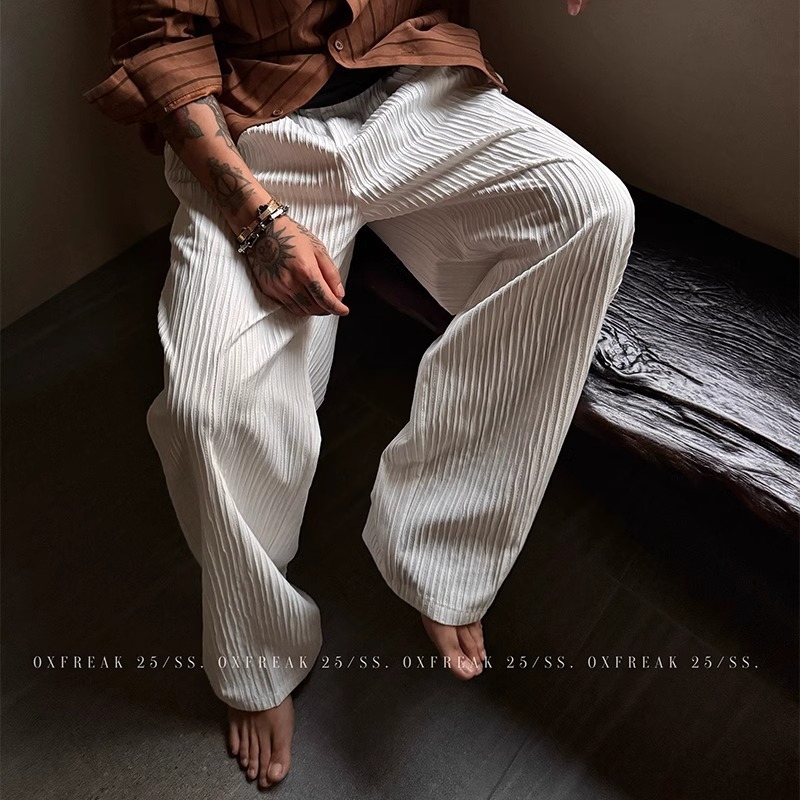 Textured Ice Silk Pleated Old Money Striped Casual Pants for Men 2025 Summer New Drapey Loose Versatile Long Trousers Textured Ice Silk Pleated Old Money Striped Casual Pants for Men 2025 Summer New Drapey Loose Versatile Long Trousers