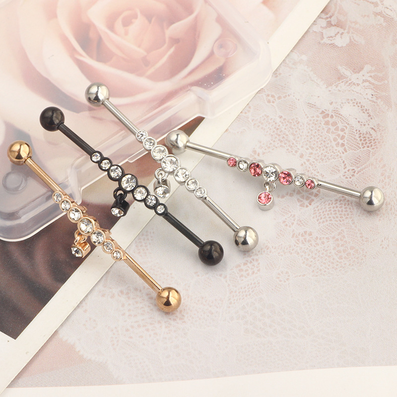 14G Industrial Barbell Earring Star Piercing Jewelry Rose Gold White Crystal detail image 13