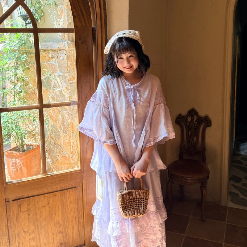 Summer gentle light purple lace-up vintage ramie shirt with fairy lace splicing and French embroidery bell sleeves