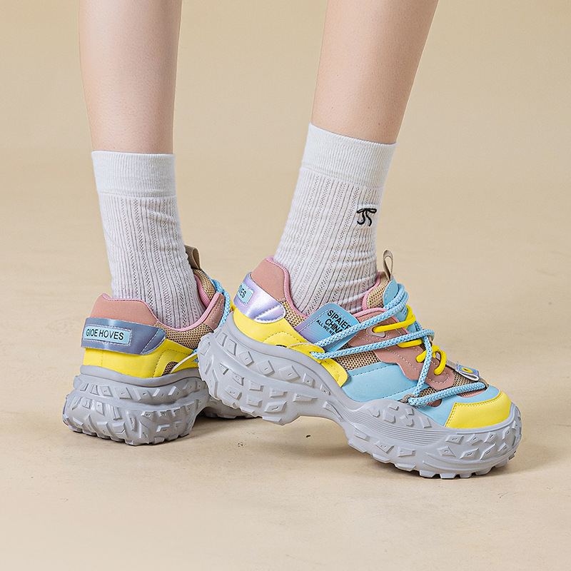 Cross-Border Thick-Soled Dad Shoes for Women, Autumn New Style, Genuine Leather, Popular Style for Small People, Tire Sole, Breathable Sports and Casual Shoes