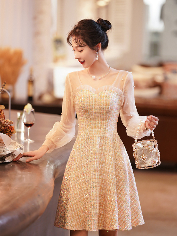 Champagne evening dress engagement long-sleeved bridesmaid dress student prom dress usually can wear small dress Champagne evening dress engagement long-sleeved bridesmaid dress student prom dress usually can wear small dress