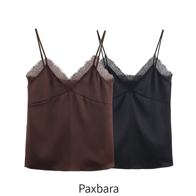 12017 Aliexpress Foreign Trade Women's Clothing Wholesale European and American Sexy Lace Trim Silk Satin Texture Suspender Top