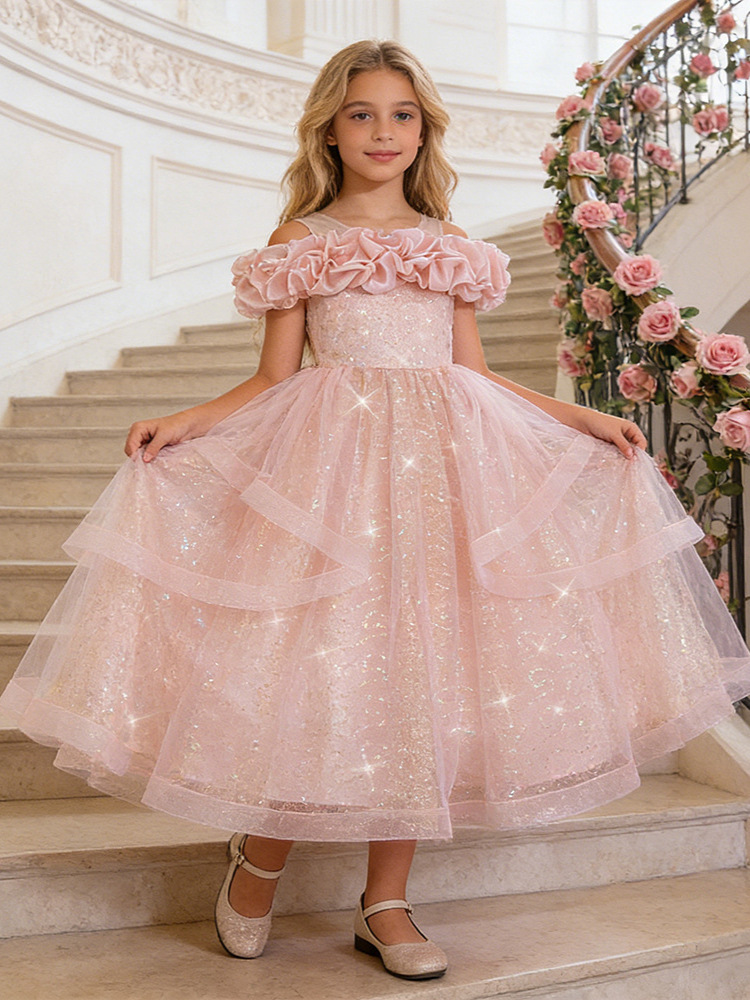 Vestido largo formal para niñas, vestido de satén con falda amplia, vestido infantil para desfiles, vestido para actuaciones, vestido para presentaciones de piano.