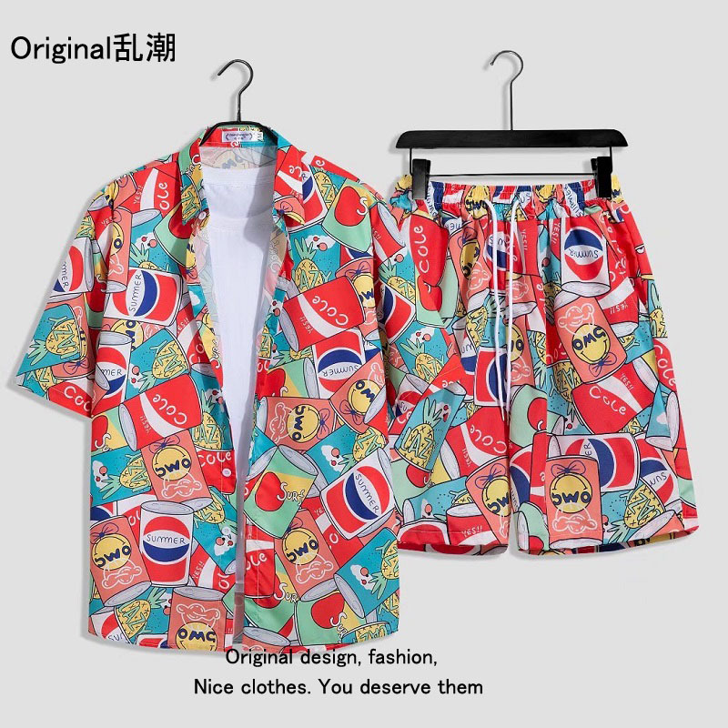 Verano playa floral camisa de manga corta traje de los hombres sueltos ins retro completo impreso pantalones cortos camisa de dos piezas