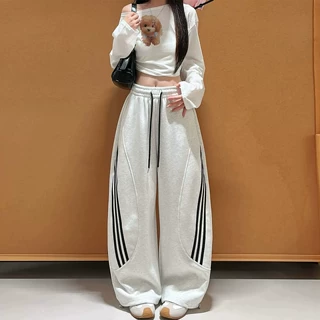 高腰显瘦宽松休闲弯刀阔腿裤秋季2026新款美式复古三条杠运动裤女