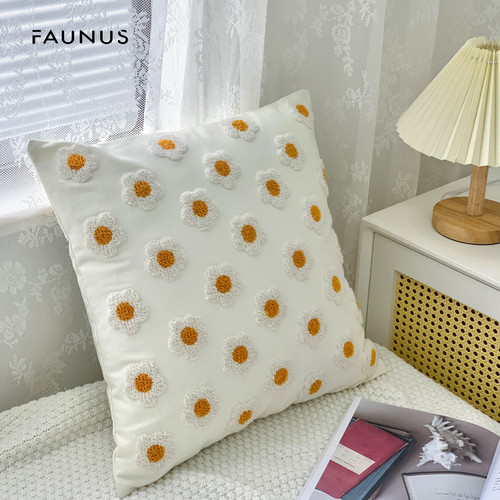 Nordic ins checkerboard living room bay window sofa cushion French cream style abstract geometric embroidery cotton pillowcase