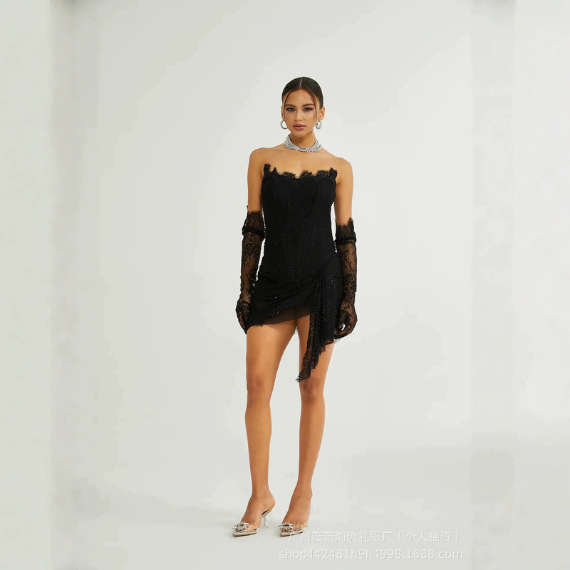 2026 New Fashion Black Strapless Lace Short Dress with Gloves, Elegant and Sexy Socialite Evening Gown 2026 New Fashion Black Strapless Lace Short Dress with Gloves, Elegant and Sexy Socialite Evening Gown