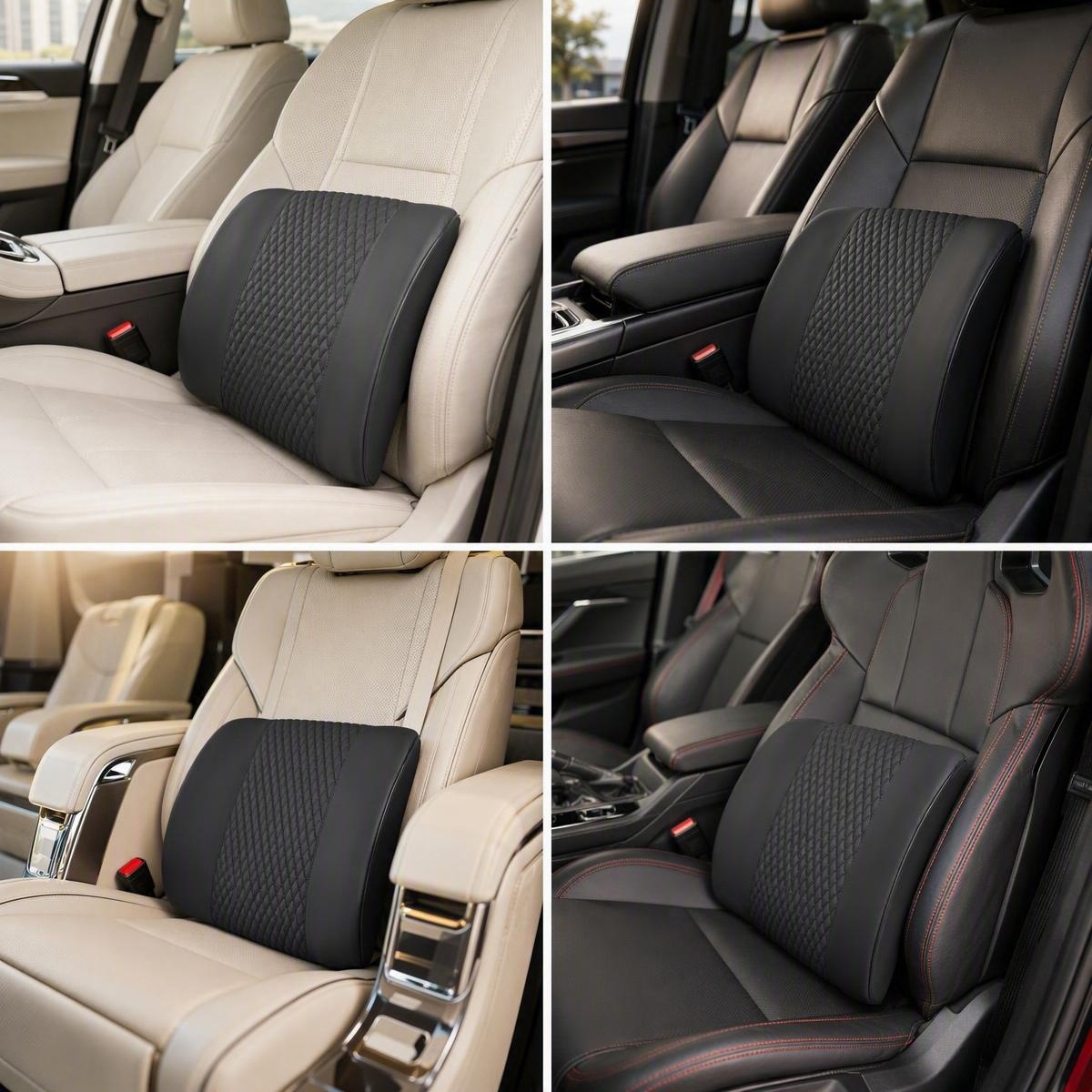 Car lumbar support cushion, designed to provide support for the lower back while driving, made with memory foam for comfortable, breathable support, reducing fatigue during long drives