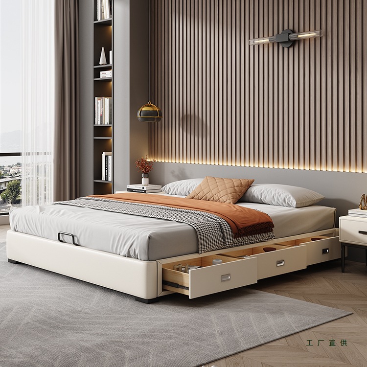 No Bedside Leather Bed Modern Simple Master Bedroom Double Small Apartment with Drawers Solid Wood Storage Row Frame Bed