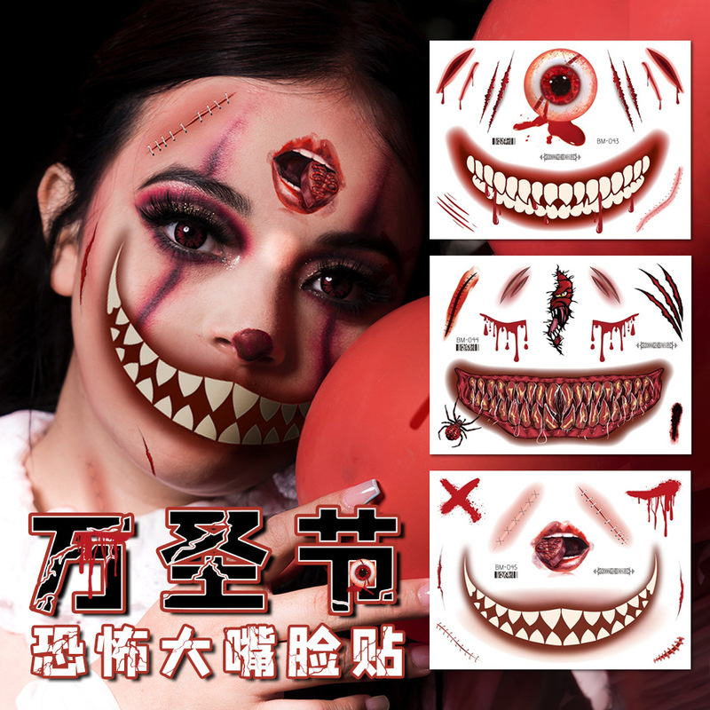New Halloween horror big mouth face stickers tattoo stickers makeup party funny scar face mouth stickers cross-border