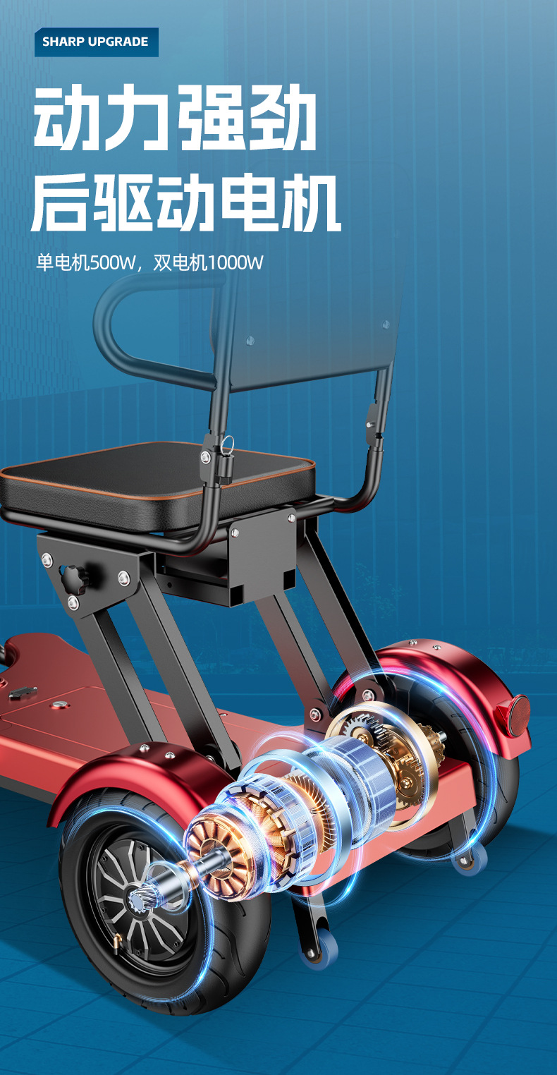 Cross-border bestseller: foldable three-wheeled mobility scooter, 1000W, 36V, suitable for seniors and adults