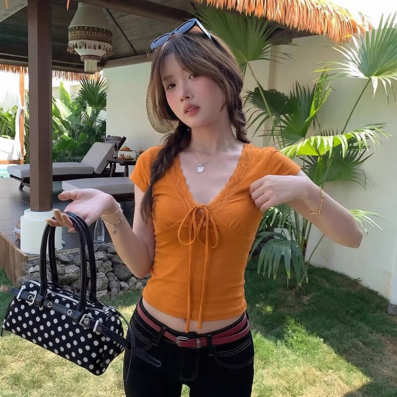 Vacation Style Orange V-Neck Tie Short-Sleeve T-Shirt for Women, Regular Shoulder Fit, Summer 2026, Short Slim-Fit Versatile Top