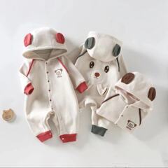 婴儿连帽加绒外出服衣服春秋加厚哈衣新生儿男女宝宝秋冬连体衣