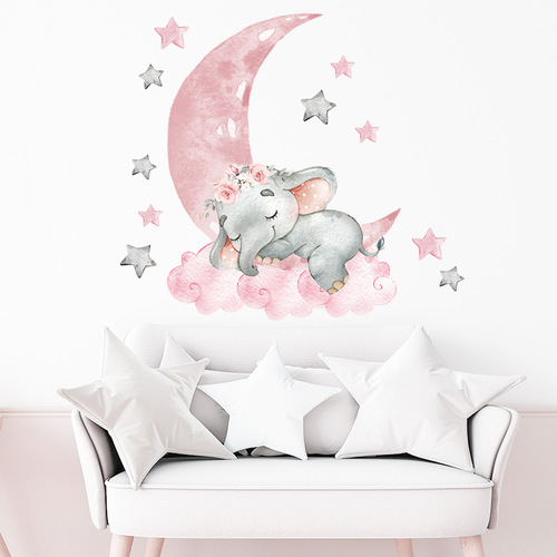 BR93094 Pink Moon Stars Sleeping Elephant Wall Sticker New Cartoon Children's Room Wall Decoration Sticker