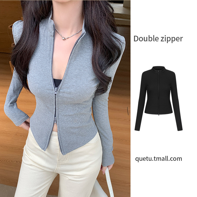 H823 Custom Threaded Collar Double Zipper Jacket Women's Spring and Autumn Knitted Cardigan Slim-fit All-match Short Long-sleeved Top H823 Custom Threaded Collar Double Zipper Jacket Women's Spring and Autumn Knitted Cardigan Slim-fit All-match Short Long-sleeved Top