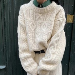 复古粗线慵懒风圆领毛衣女秋冬加厚高级感麻花宽松针织衫短款上衣