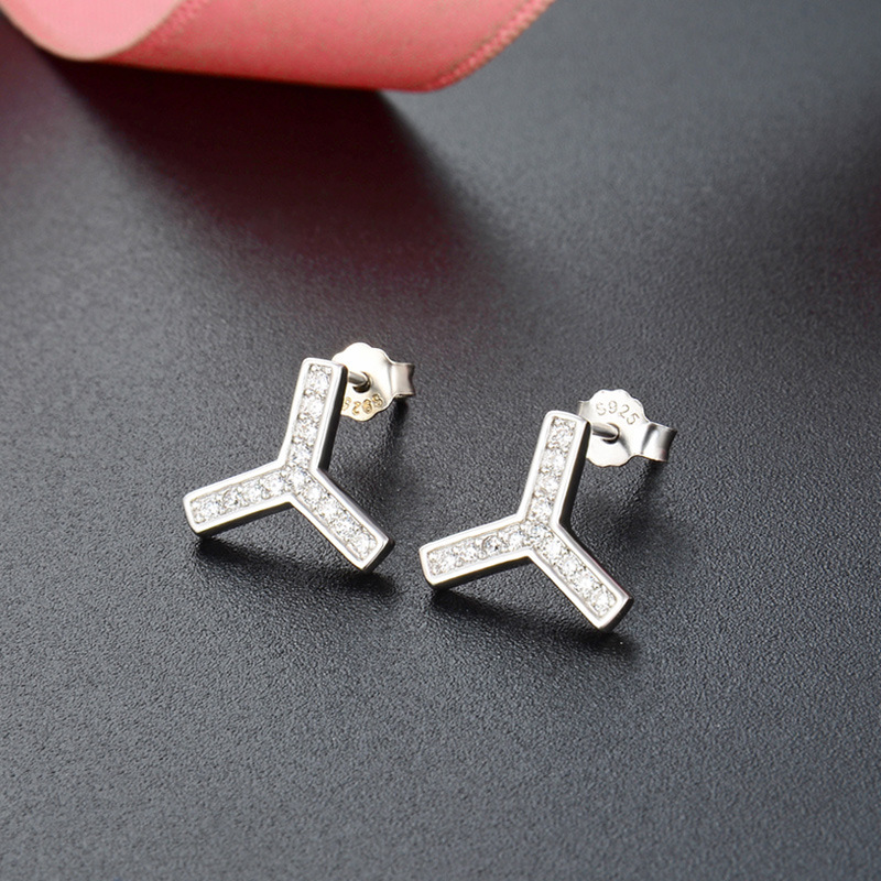 S925 de plata esterlina letra en forma de Y pendientes de diamantes Simple moda unisex todo-Partido transfronteriza pendientes de plata pendientes