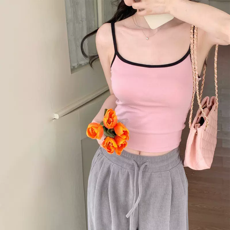 纯欲辣妹撞色吊带纯棉美背背心一体式带胸垫裹胸外穿打底短款上衣