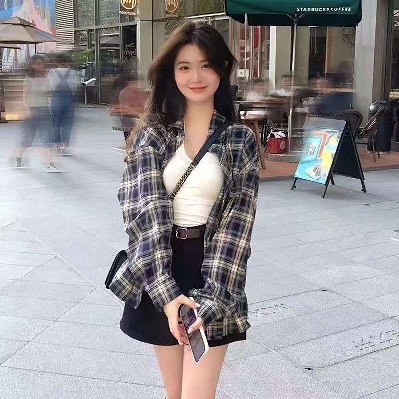 新款美式复古百搭格子长袖衬衫外套春秋设计感小众叠穿宽松衬衣女|undefined