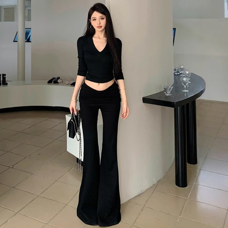 リアルショットファッションレトロ気質VネックスリムTシャツショートトップス+オールマッチブラックストレートマイクロフレアパンツスーツ|undefined