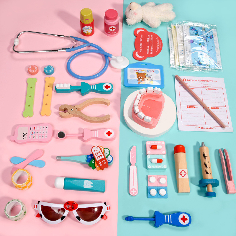 Traje de madera niños jugar a las casitas simulación caja médica juego rol chica enfermera inyección niño estetoscopio