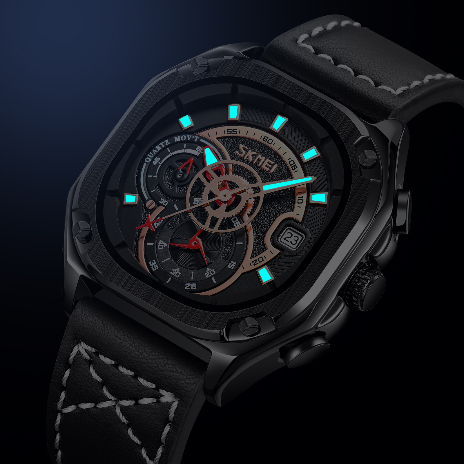 Momento de belleza octogonal multifuncional reloj de cuarzo para hombres tres ojos cronógrafo calendario impermeable marca de relojes de hombre al por mayor transfronterizos