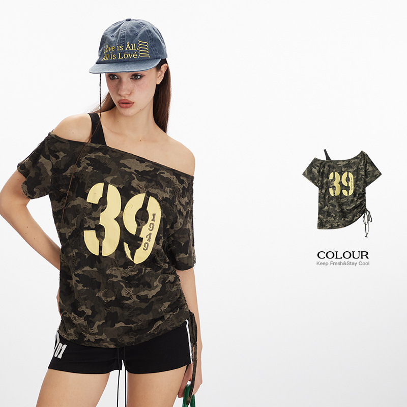 HeyHenry Design Hot Girl Camouflage Short-sleeved T-shirt Women's 2025 Summer Shoulder Short Slim Top HeyHenry Design Hot Girl Camouflage Short-sleeved T-shirt Women's 2025 Summer Shoulder Short Slim Top