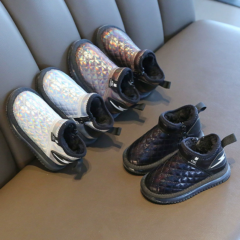 Детские зимние сапоги 2021 Зимние Яркие Кожаные Меховые хлопчатобумажные ботинки для девочек, теплые детские хлопковые сапоги для мальчиков на флисовой подкладке для средних и маленьких детей