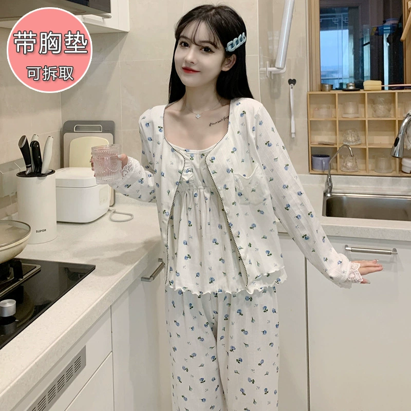 3-компонентный женский пижамный комплект, японский/ korean стиль — кардиган с длинным рукавом + пододетная майка-подкладка + штаны