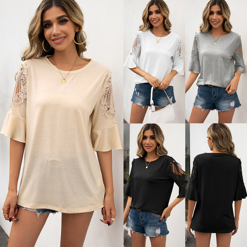 Cross-Border Amazon European and American Casual Round-Neck Lace Trim Patchwork Half-Sleeve Shirt with Hollow-Out Sleeves Pullover T-Shirt for Women Cross-Border Amazon European and American Casual Round-Neck Lace Trim Patchwork Half-Sleeve Shirt with Hollow-Out Sleeves Pullover T-Shirt for Women